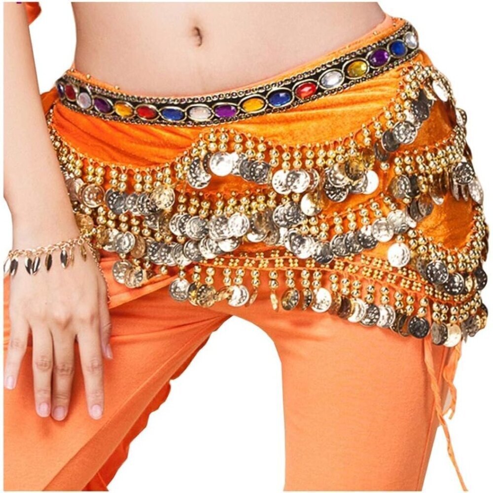 Women's Triangular Belly Dance Hip Scarf Wrap Orange Skirts with Gold Coins